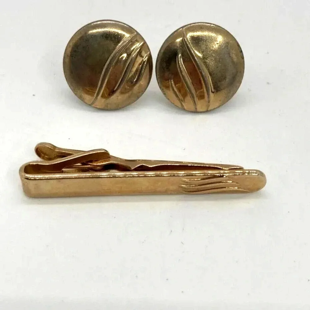 Vintage Swank Gold Tone‎ Cufflinks Tie Clip Set Mens Round Wave Design Jewelry